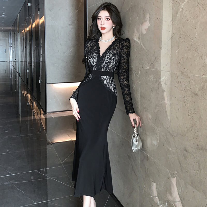 【dress】レース切り替えマーメイドワンピース　M26252