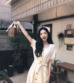 【dress】ファッションand清新！気質満点Vネック無地着痩せワンピース