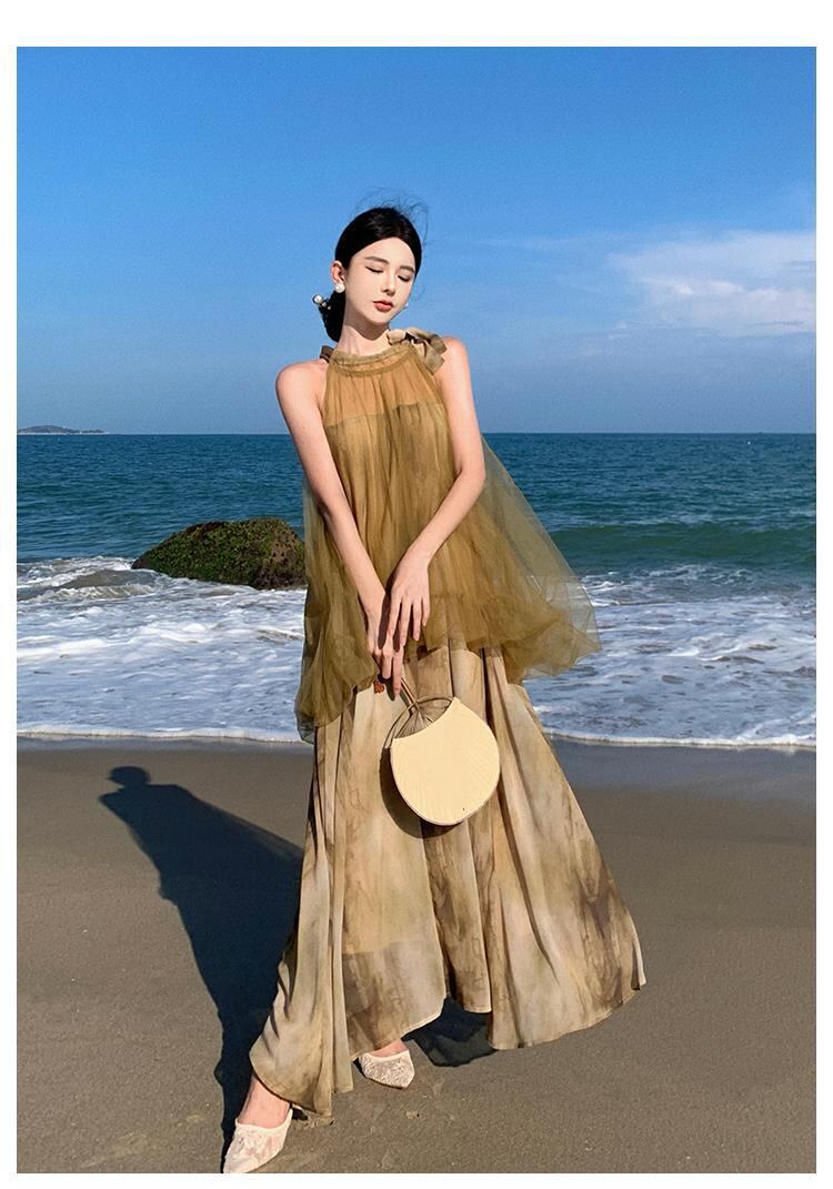 【dress】メッシュ偽二つ切り替えワンピース G20432