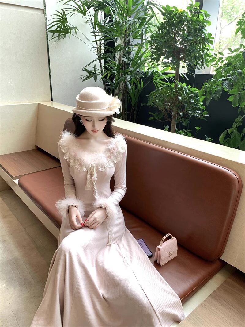 【dress】ファードッキングニットワンピース Q7589