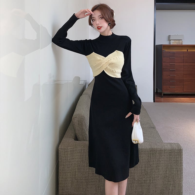 【dress】リボン切り替えニットワンピース　M28579