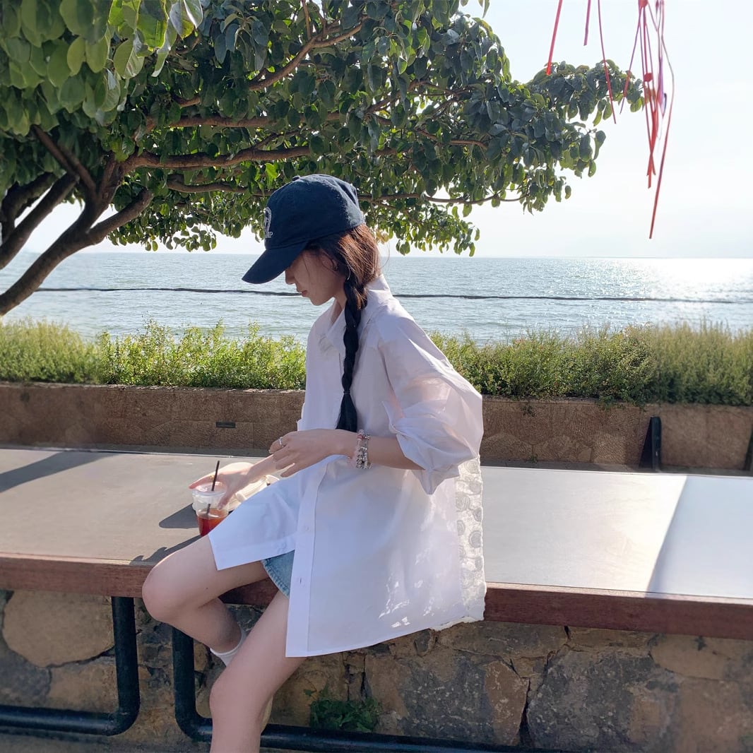 【tops】レース切り替えシャツブラウス　M29788