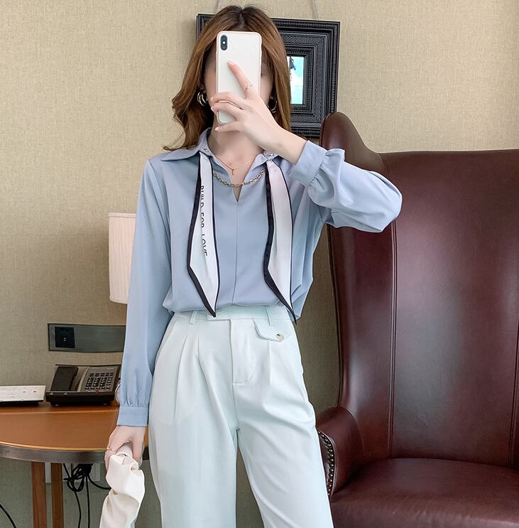 【tops】韓国ファッションラペル長袖無地ファッション着回しOL通勤シャツF0664