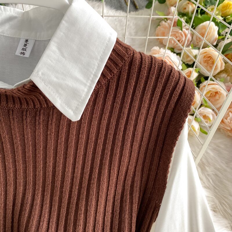 【set】好感度UP!気質満点レトロ韓国系着痩せニットベスト+シャツ２点セット G1682