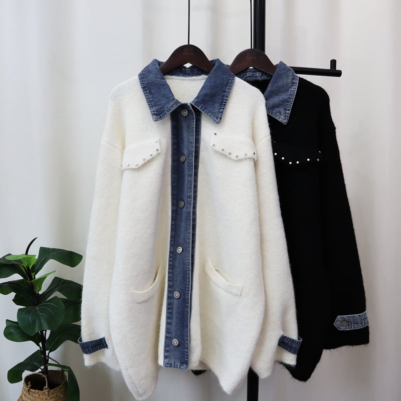 【outer】デニム切り替えニットカーデ　M25431