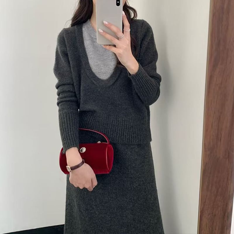 【set】フェイクレイヤードニットトップス×ロングスカートセット Q7168