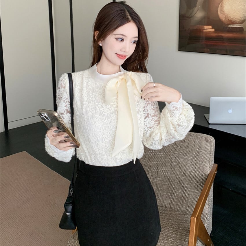 【tops】リボン付き裹起毛レーストップス　M28380