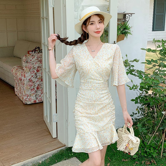 【dress】Vネック花柄マーメイドワンピース G21270