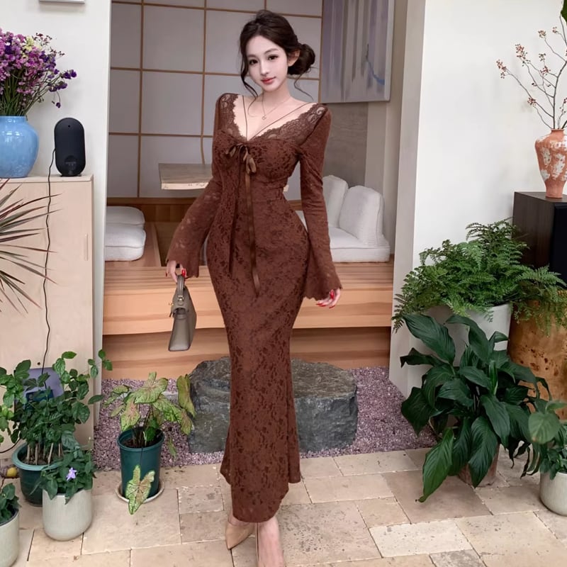 【dress】胸パット付きロングレースワンピース Q8167