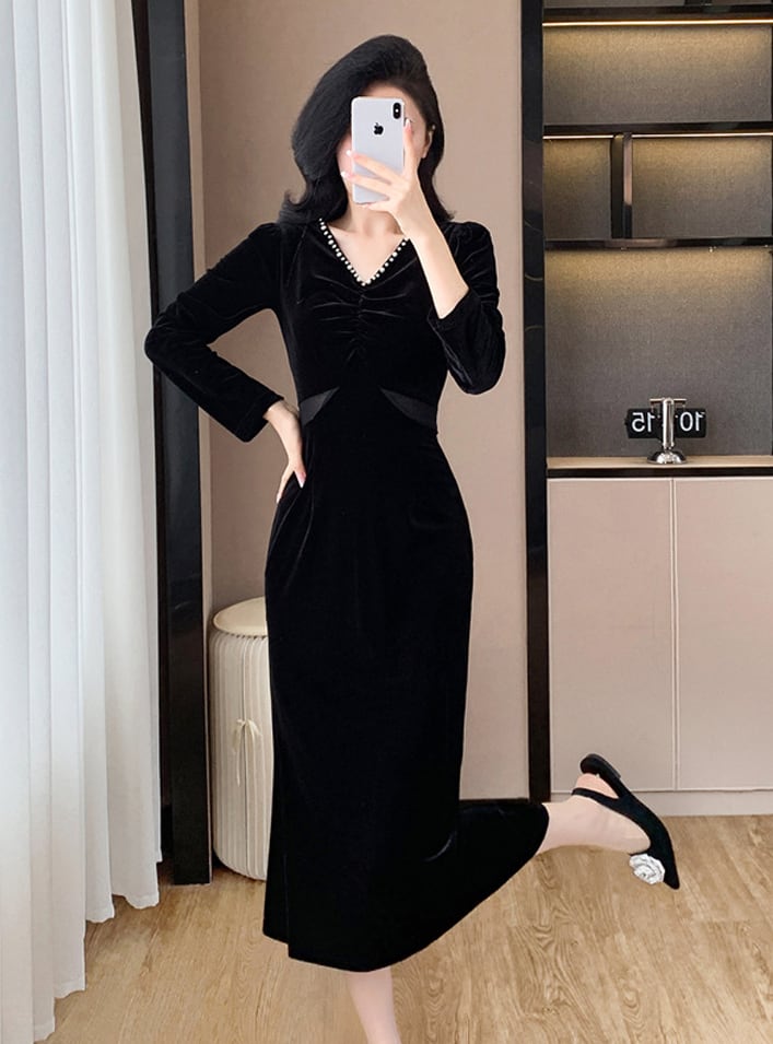 【dress】Vネックレースドッキングベルベットワンピース Q7497