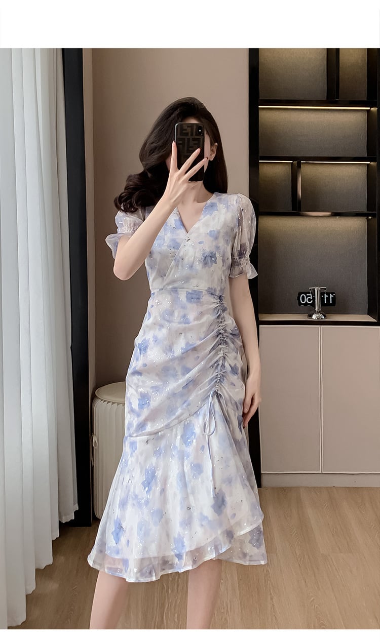 【dress】Vネック半袖マーメイドワンピースF7407