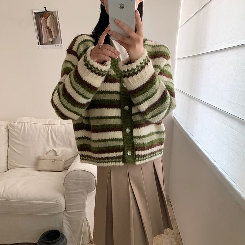 【outer】ボーダー柄ニットカーデ　M27406