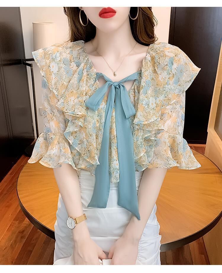 【tops】2色花柄シフォンブラウスF7408