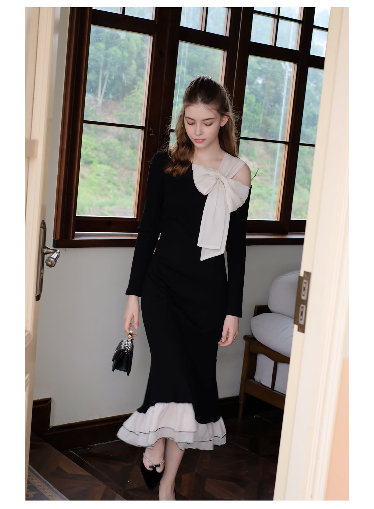 【dress】リボンメッシュ切替ワンピースF8303