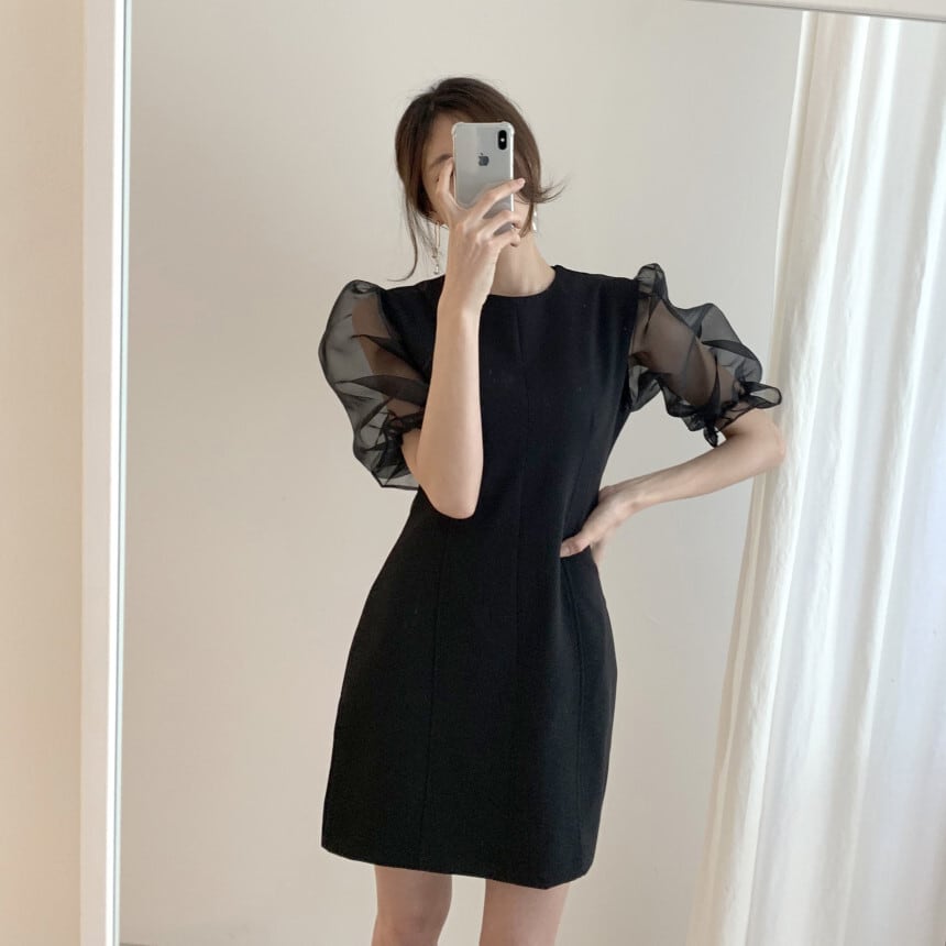 【dress】チュールスリーブ切り替えワンピース　M23986