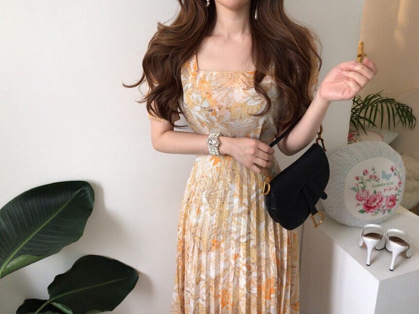 【dress】エレガント!気質満点レトロ韓流スタイルスクエアネックワンピース G6762