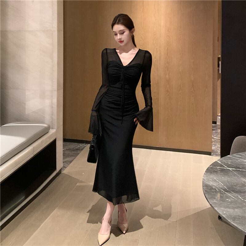 【dress】Vネックチュールワンピース Q7873
