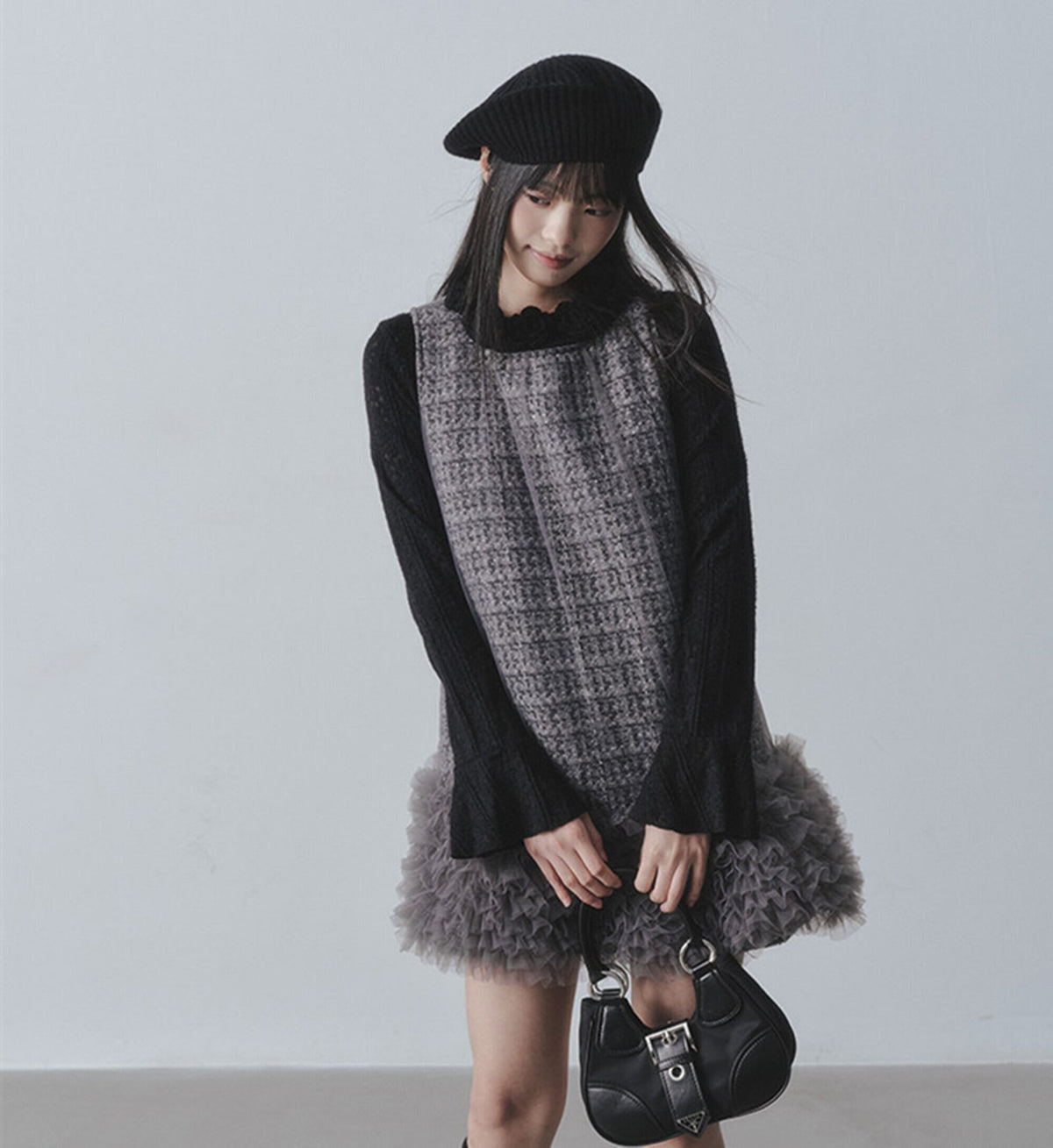 【dress】チュールフリルツイードノースリーブミニワンピース　N3523