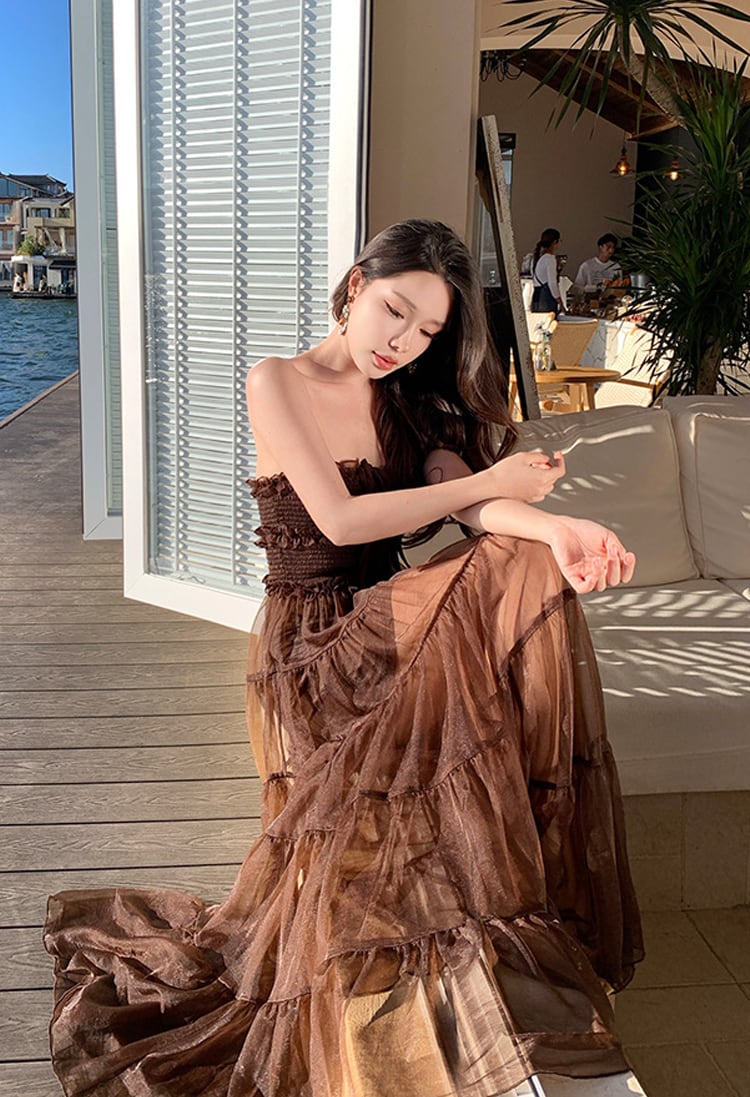 【dress】ホルターネックシアーチュールロングワンピース Q8483