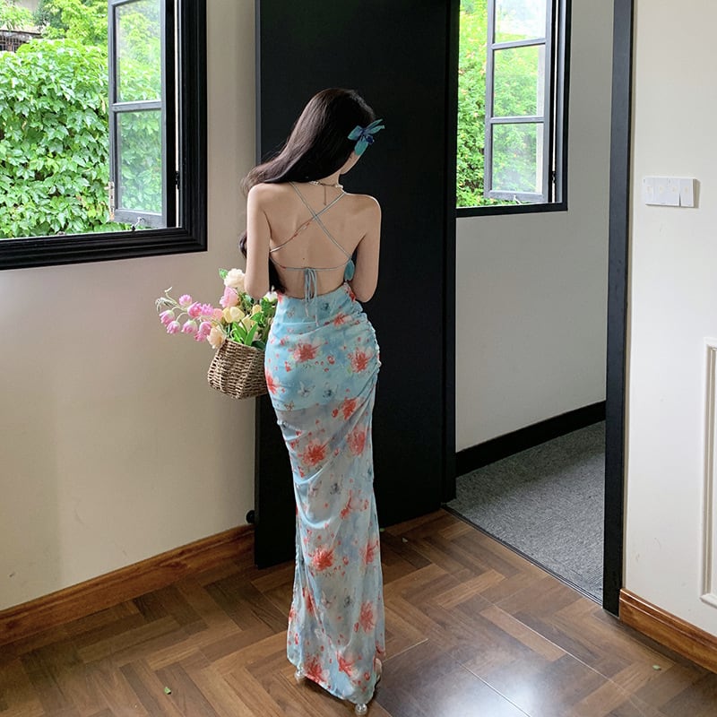 【dress】花柄バックレスワンピース　M25279