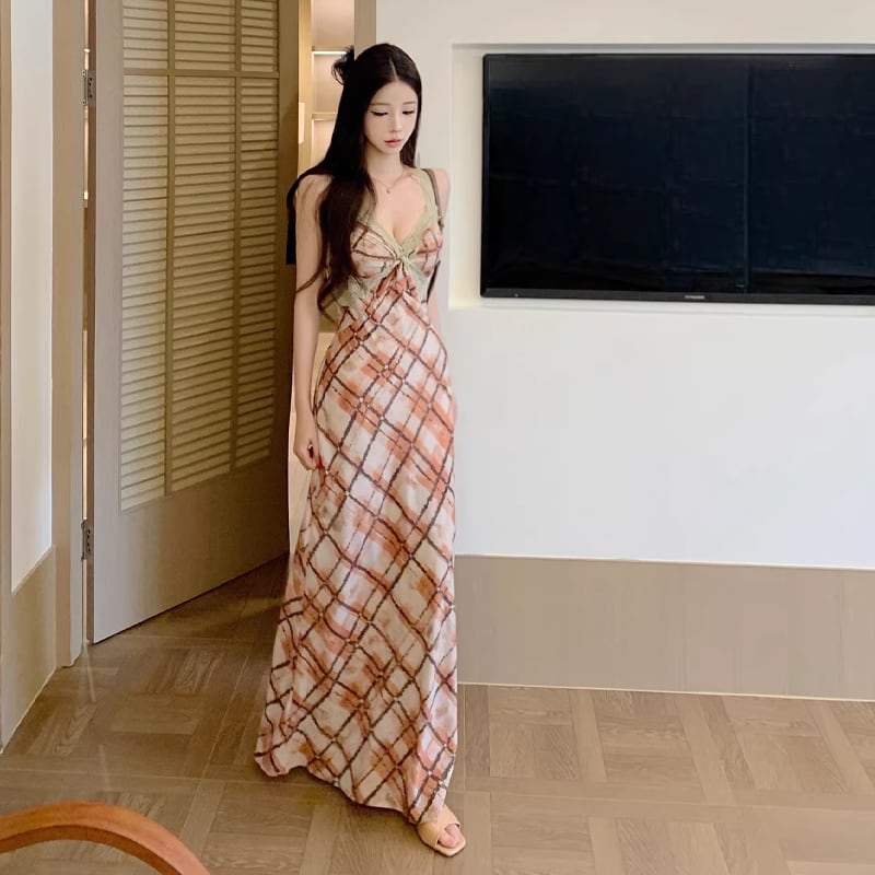 【dress】チェック柄ロングキャミワンピース Q8206