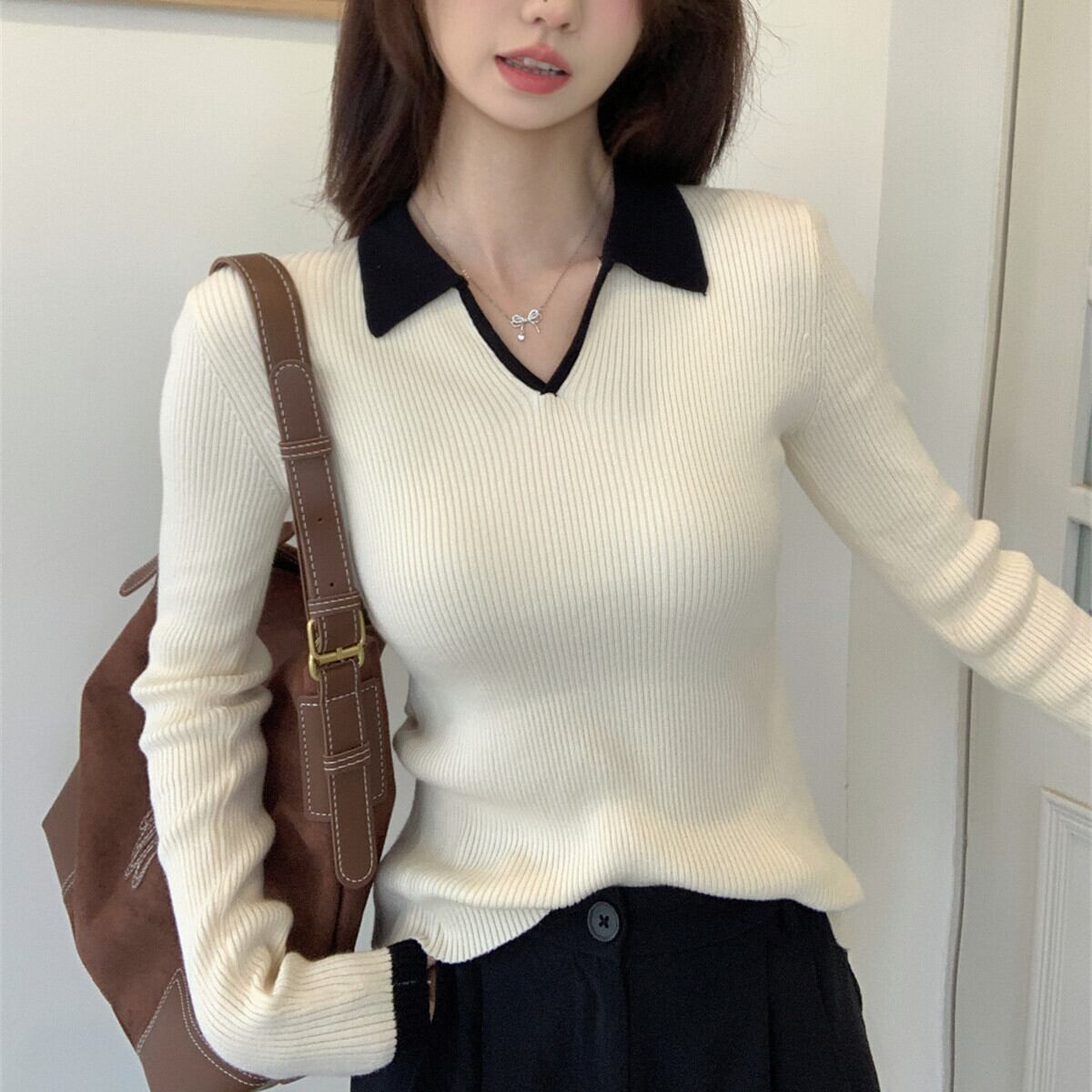 【tops】POLOネックニットトップス　M28677