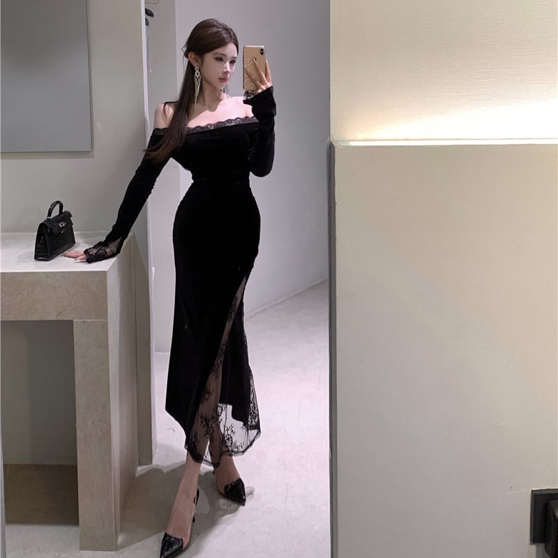 【dress】オフショルレースドッキングワンピース Q7408