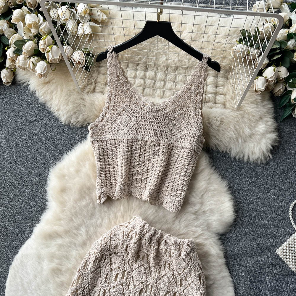 【set】キャミソール+スカート透かし彫り2点セットF7518