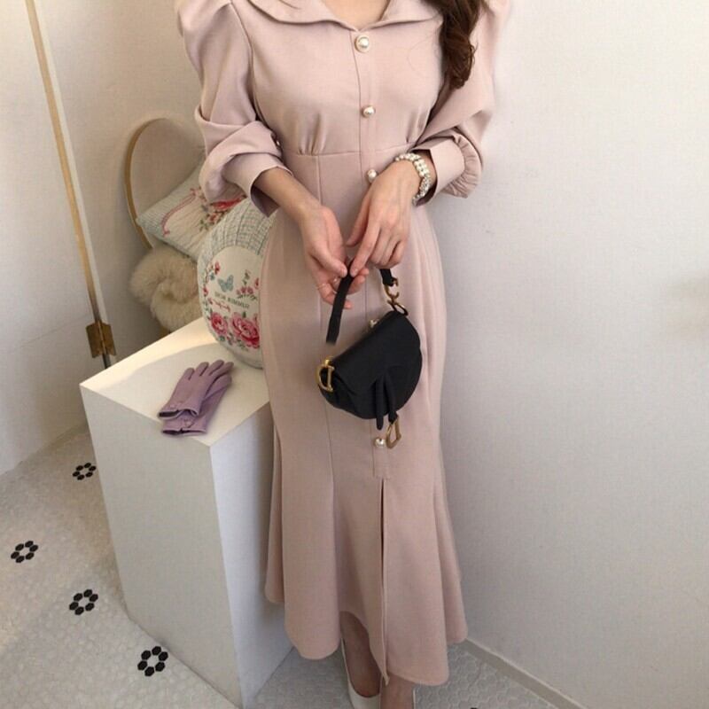 【dress】エレガント気質満点レトロハイウエスト着痩せ マーメイドワンピース G1404