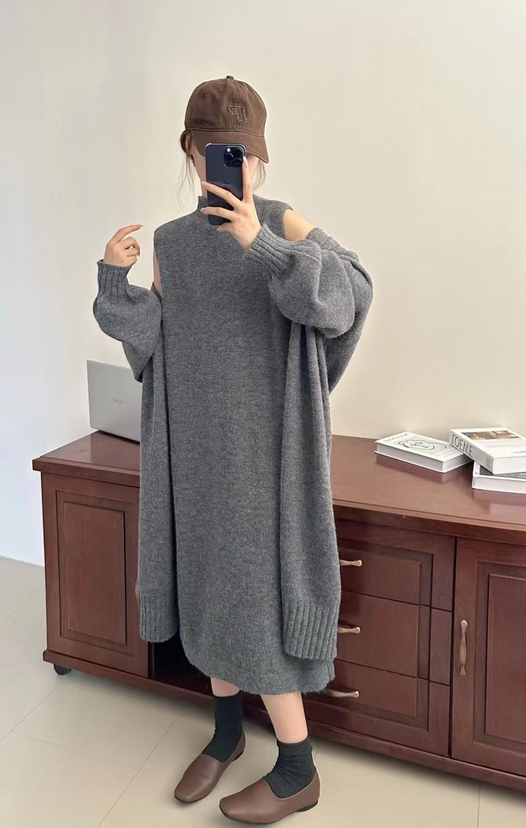 【set】ロング丈ニットカーデ×ニットワンピースセット　M25375