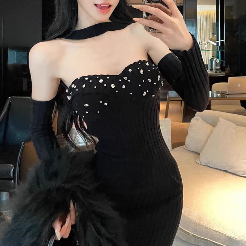 【dress】胸パット付きホルターネックニットワンピース Q7741