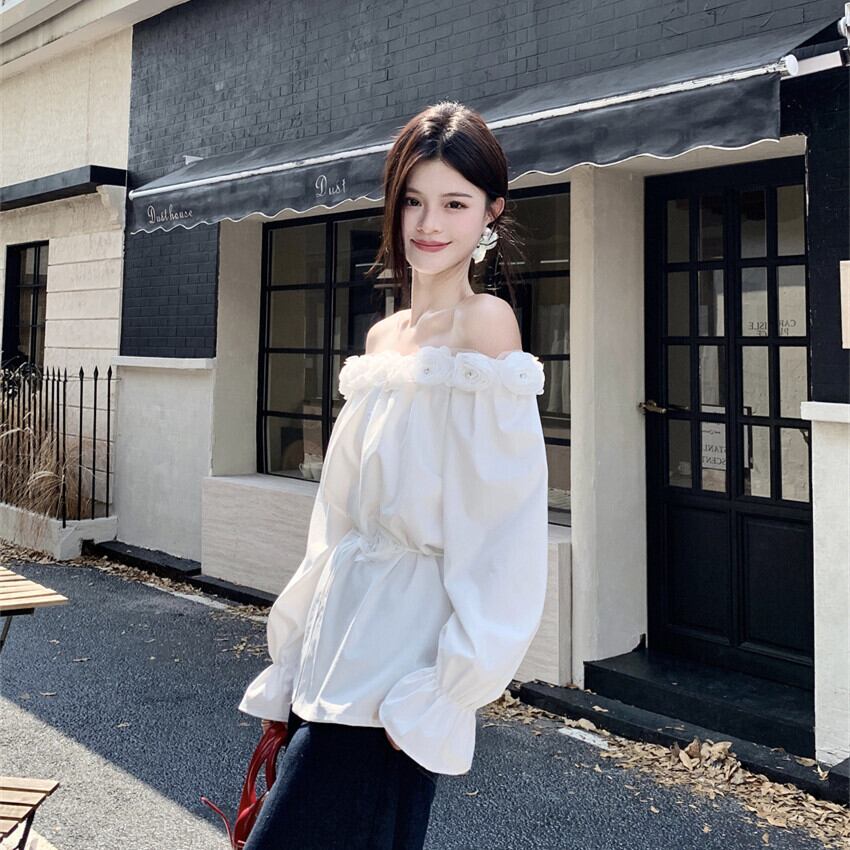 【tops】ボートネック立体フラワーシャツトップス　M29555