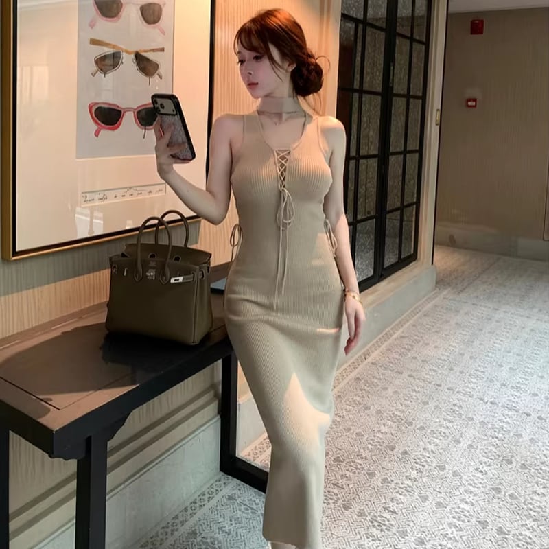 【dress】ストラップデザインロングニットキャミワンピース Q7803