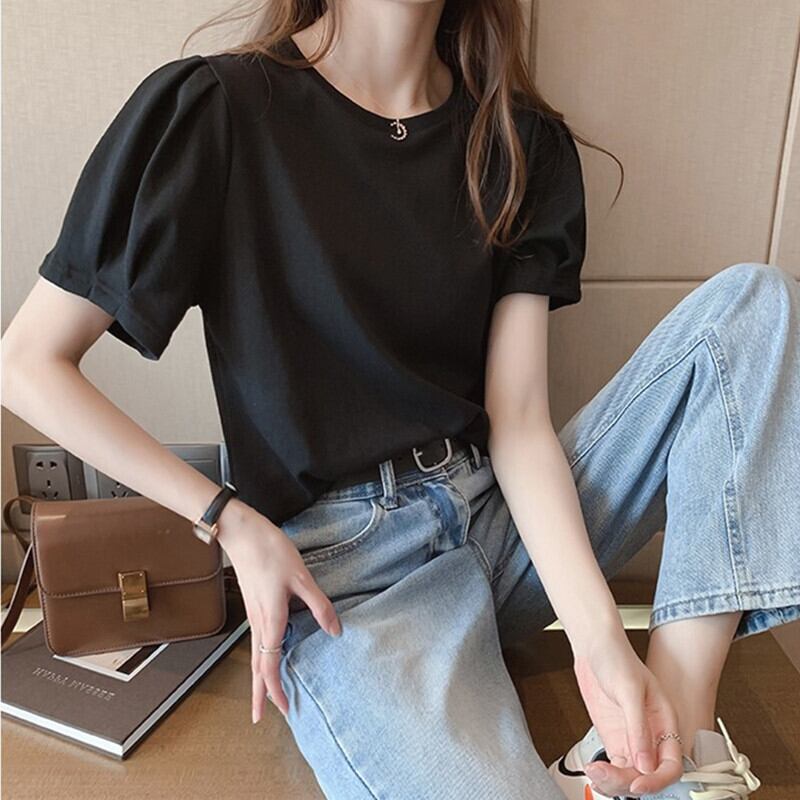 【tops】選べる4色！ラウンドネックパフスリーブ半袖無地ファッションTシャツF0057