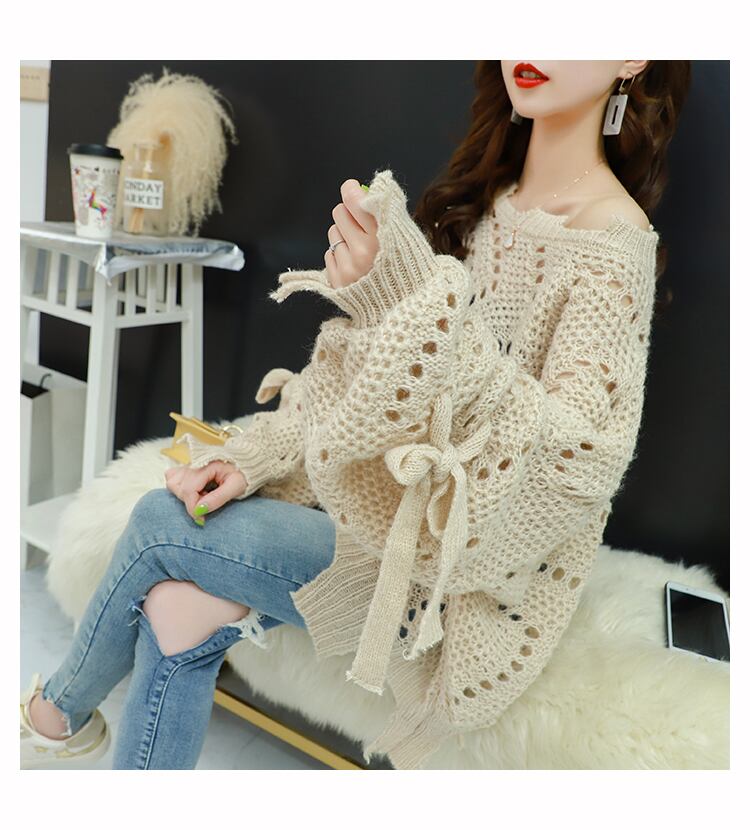 【tops】韓国ファッション3色ラウンドネック長袖透かし彫り薄手ニットセーターF0634