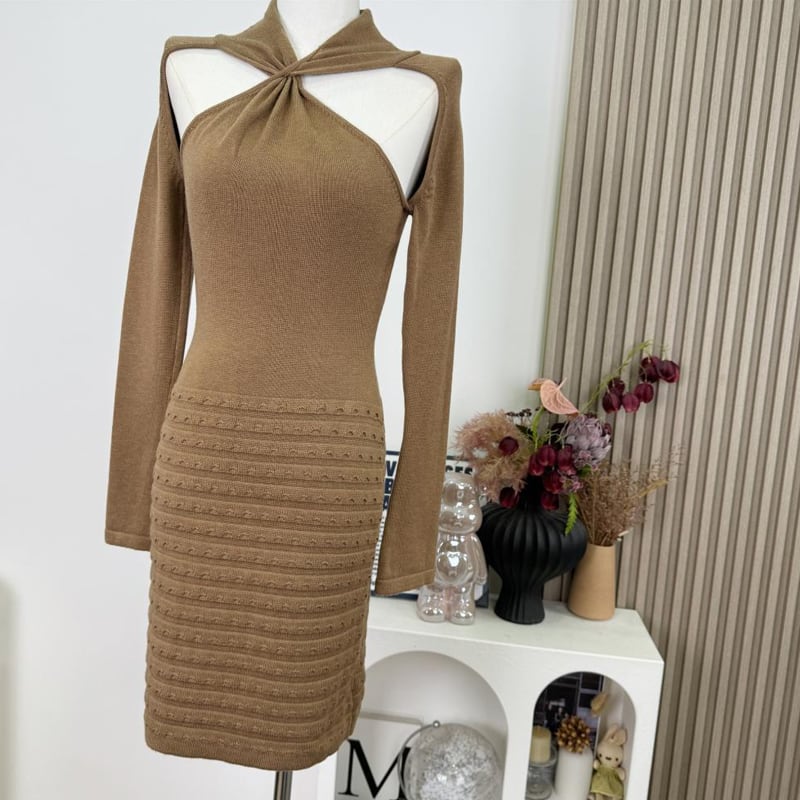 【dress】クロスネックニットワンピース Q7586