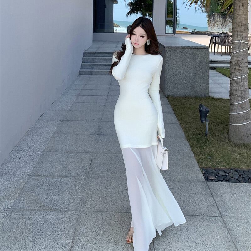 【dress】チュールコンビボートネックマーメイドワンピース　M29764