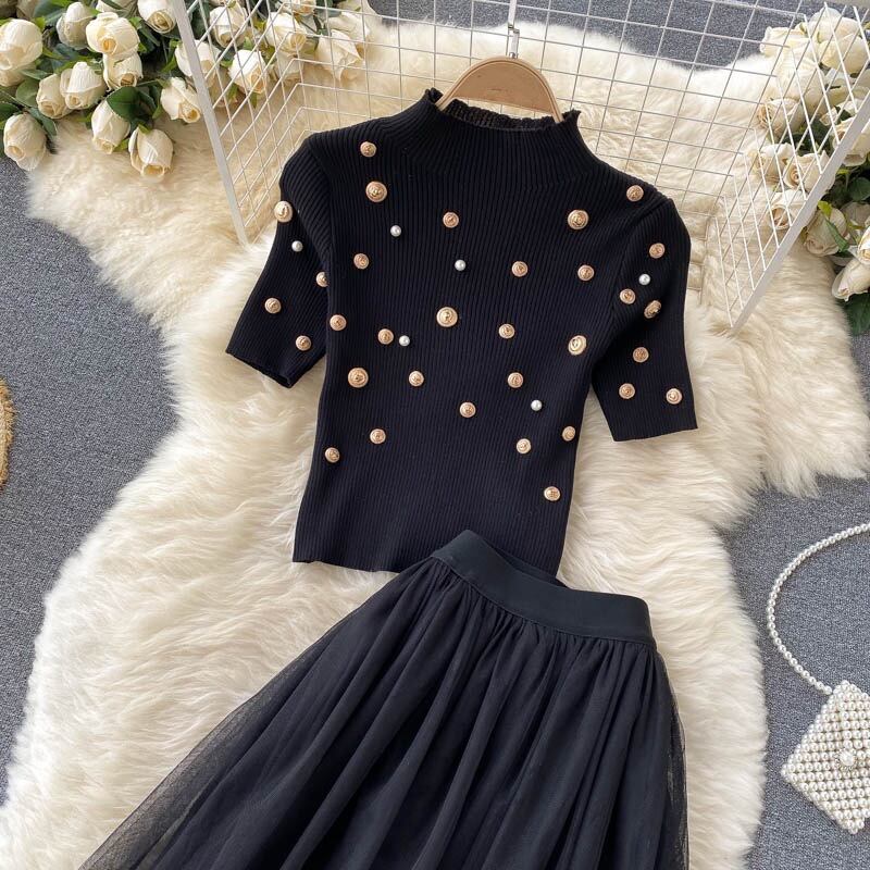 【set】ニットトップス+メッシュスカート２点セットG20201