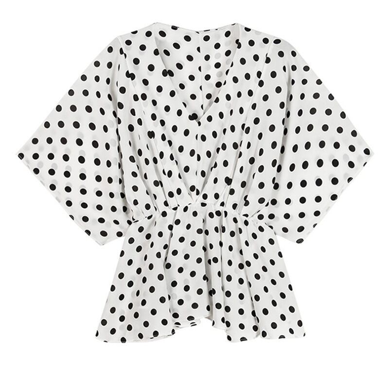 【tops】好感度満載！Vネック半袖シフォンドット柄ウェスト絞りファッションブラウスF0373