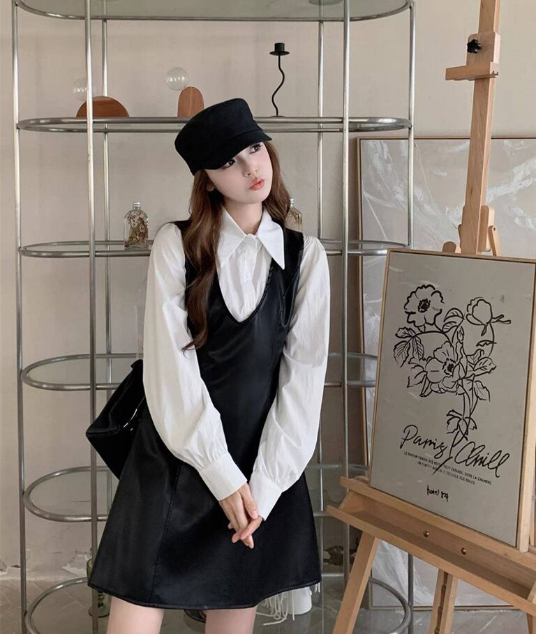 【set】シャツ×PUベストワンピースセット Q8285