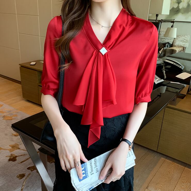【tops】韓国ファッション2色Vネック半袖無地着回しOL通勤ブラウスF0119