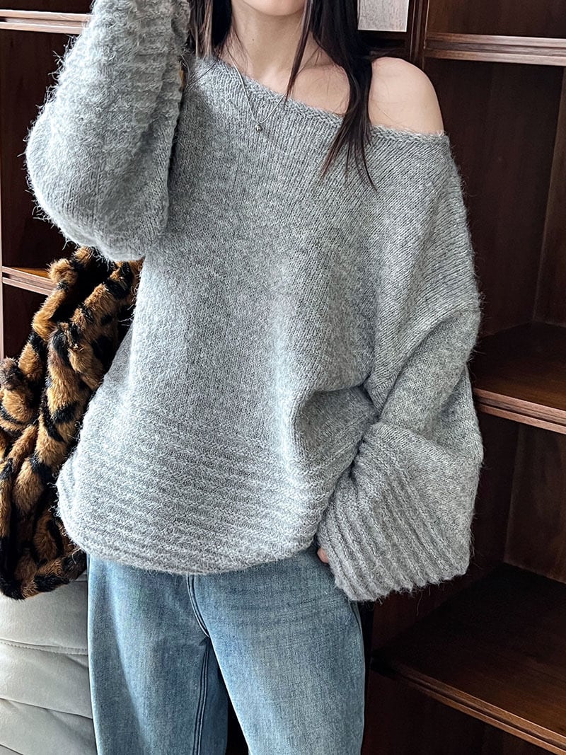 【tops】オフショルダーバルーンスリーブニットトップス　N2911