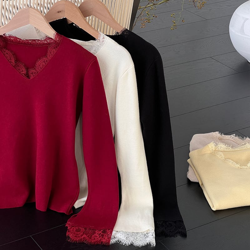 【tops】レースドッキングニットトップス Q7236