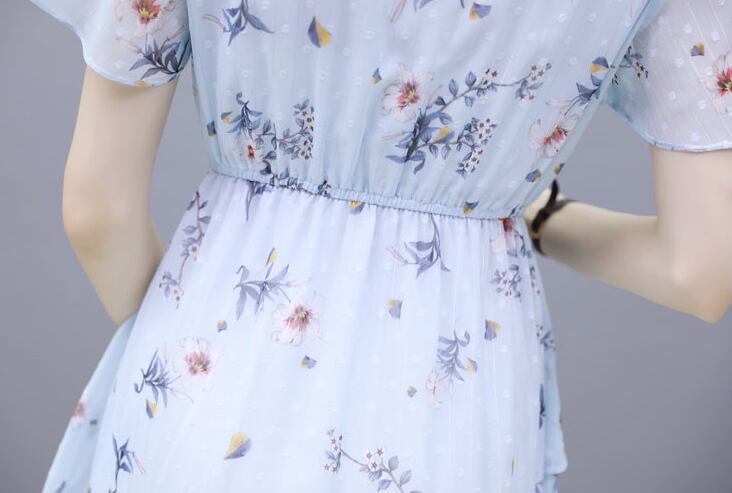 【dress】清新スウィート〜タイカラーフレアスリーブ韓国風ギャザー花柄ワンピースF0296