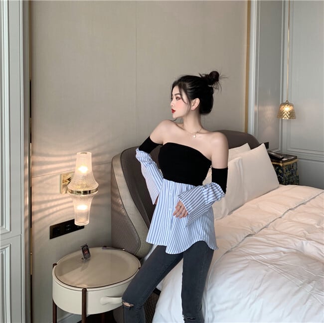 【tops】レトロセクシー気質満点ボートネック切り替え体型カバーストライプ柄シャツ G8793