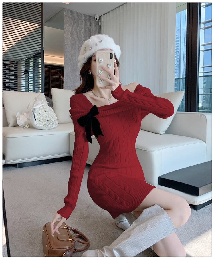 【dress】リボン付きニットワンピース　M28330