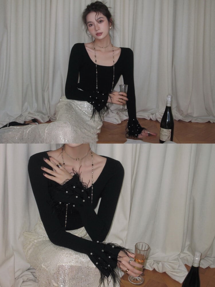 【tops】パールベルスリーブニットトップス　N2947