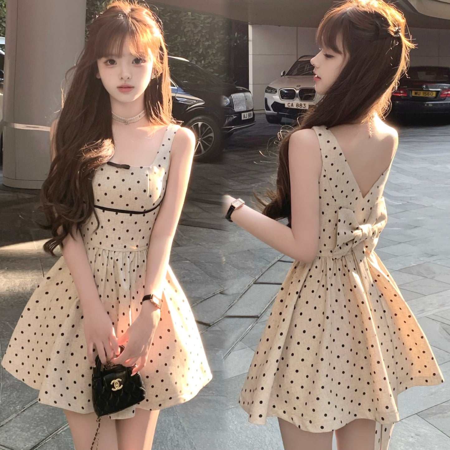 【dress】バックリボンドット柄ミニワンピース　M30198
