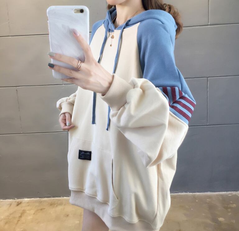 【tops】韓国ファッション長袖フード付き配色ゆったりカジュアルパーカーW0368