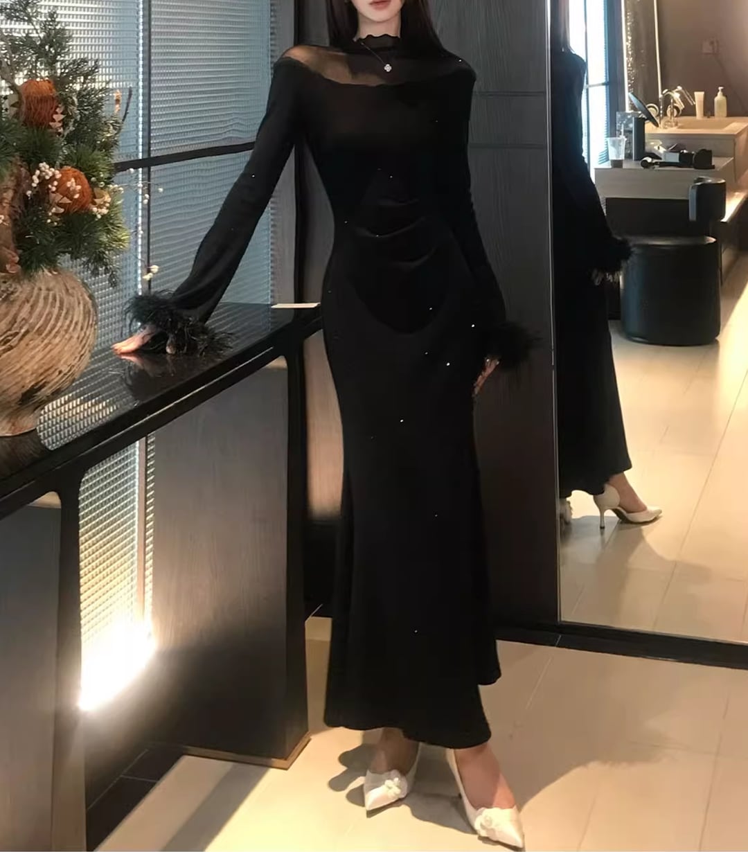 【dress】袖ファーチュールドッキングニットワンピース Q7559